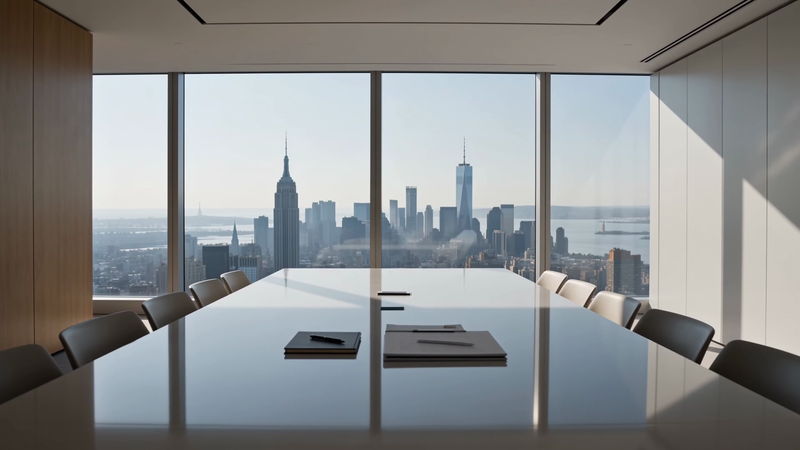 Boardroom table set for a client consultation, skyline beyond the windows