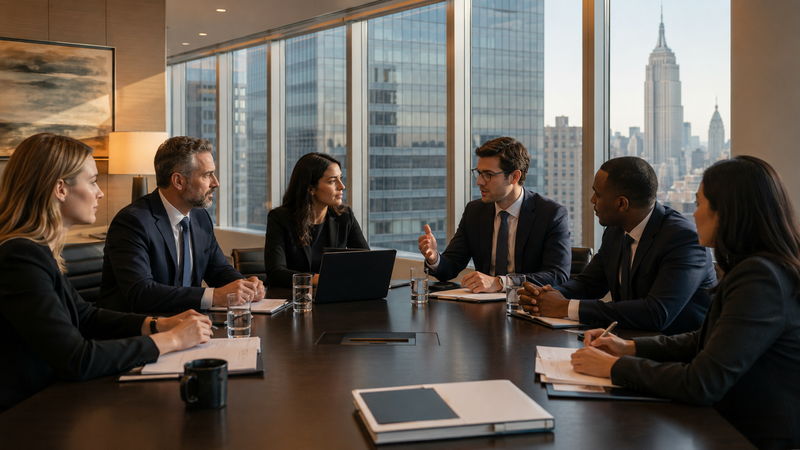 Consultant leading a working session with a client team around a conference table