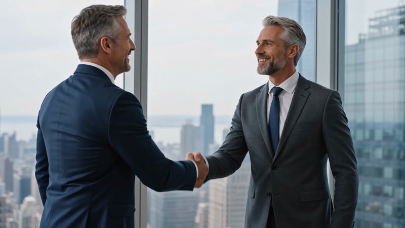 Two business professionals shaking hands in front of a city skyline