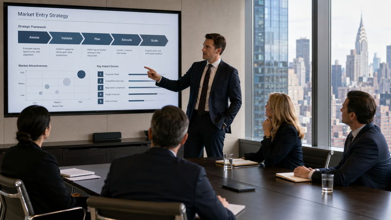 Adviser presenting a market entry strategy framework to a leadership team