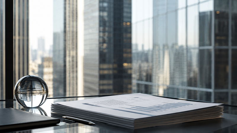 A bound analysis report and glass sphere on a desk overlooking the Manhattan skyline