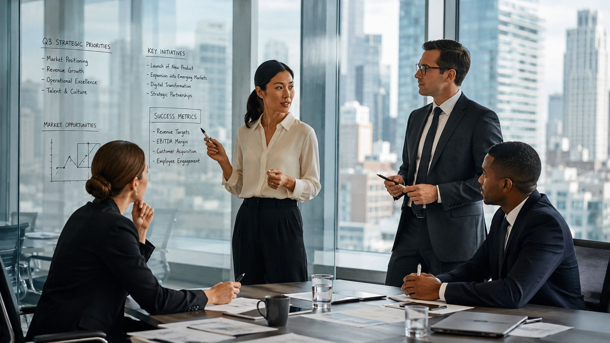 Strategy session in progress, with priorities and success measures mapped on a glass board