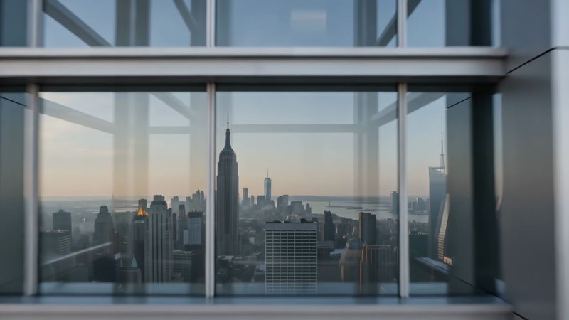 View of the Manhattan skyline through a floor-to-ceiling office window