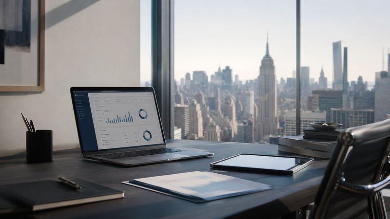 Laptop showing a business analytics dashboard on a desk above the Manhattan skyline